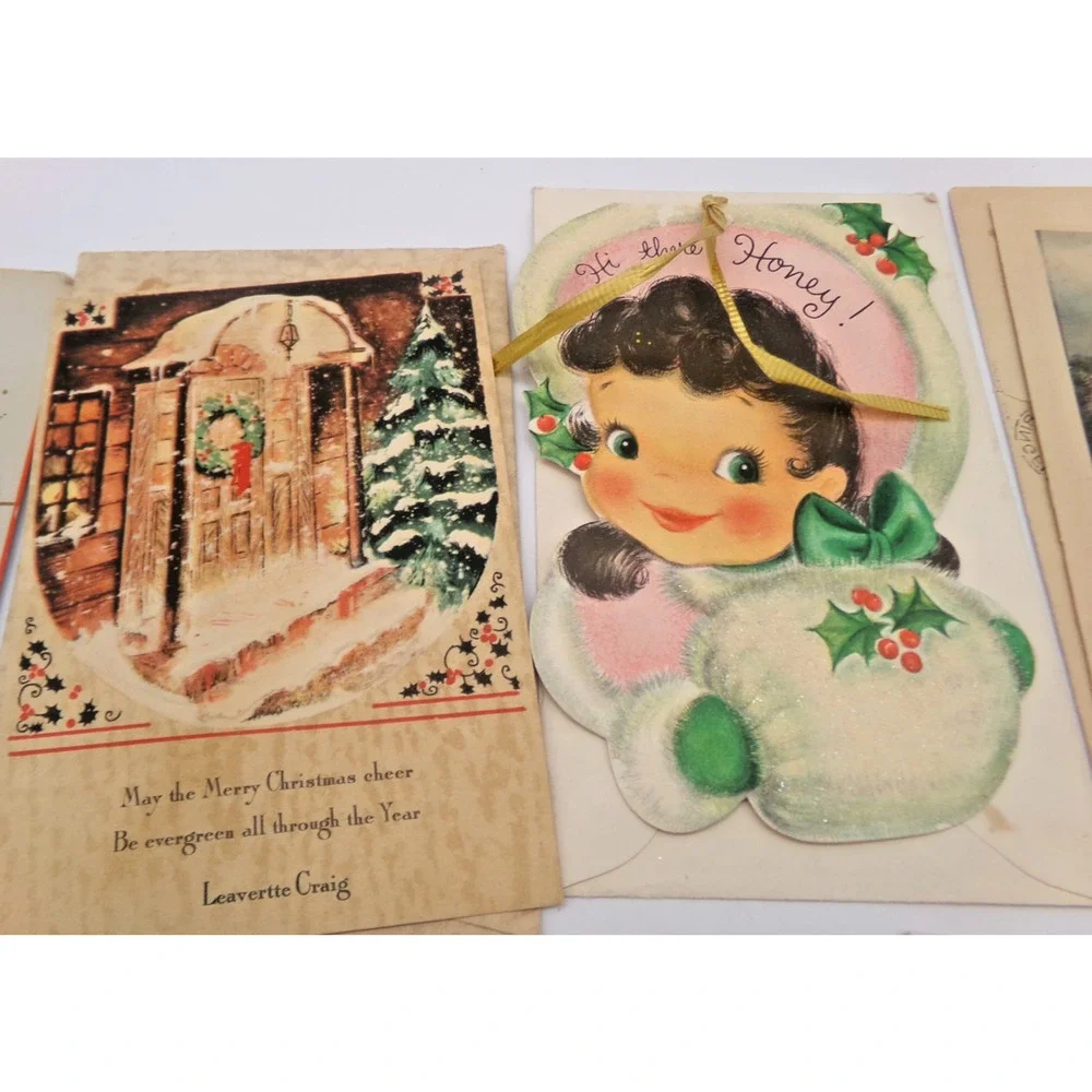 Vintage MCM Christmas Greeting Card Cute Girl Glitter Muff Happy New Year & more - Picture 1 of 16
